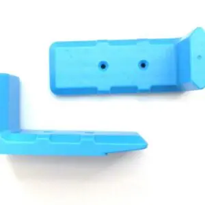 Blue plastic corner brackets on white background.